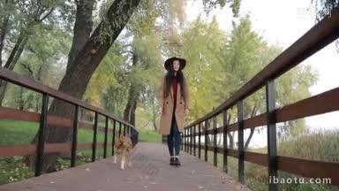 穿着驼色大衣、戴着帽子、牵着小狗的悠闲时尚女子在秋天公园的木制人行桥上散步